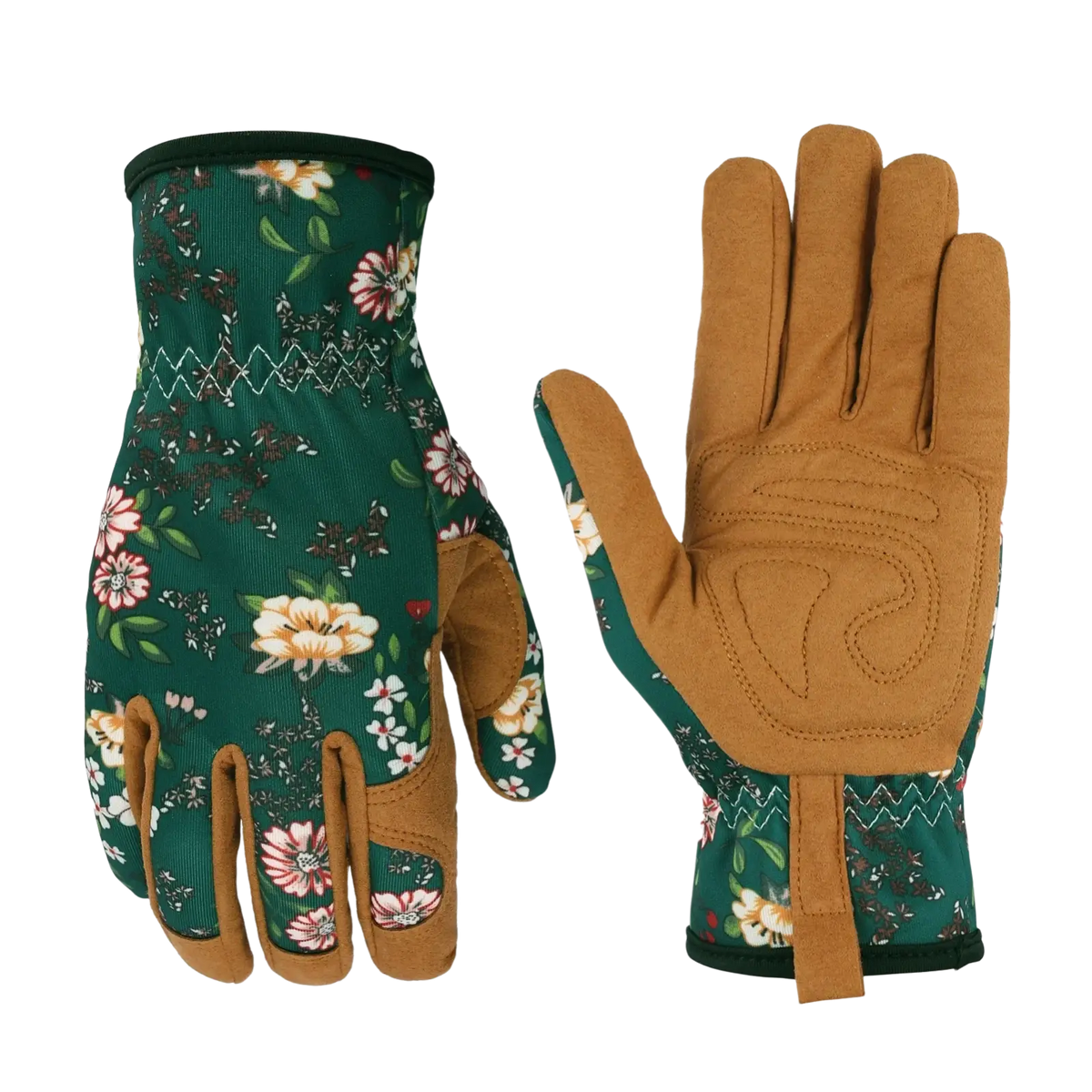 Dark green floral gardening gloves for women breathable thorn proof with tan leather palms and reinforced stitching back side