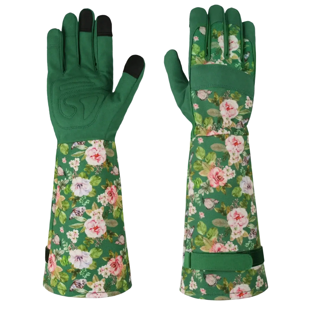 Green floral gardening gloves with pink roses and black touchscreen fingertips thorn proof and breathable for women