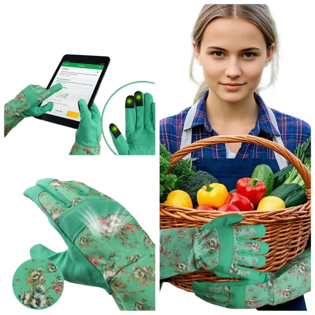 Green floral-patterned breathable thorn proof gardening gloves for women with touch screen fingertip design