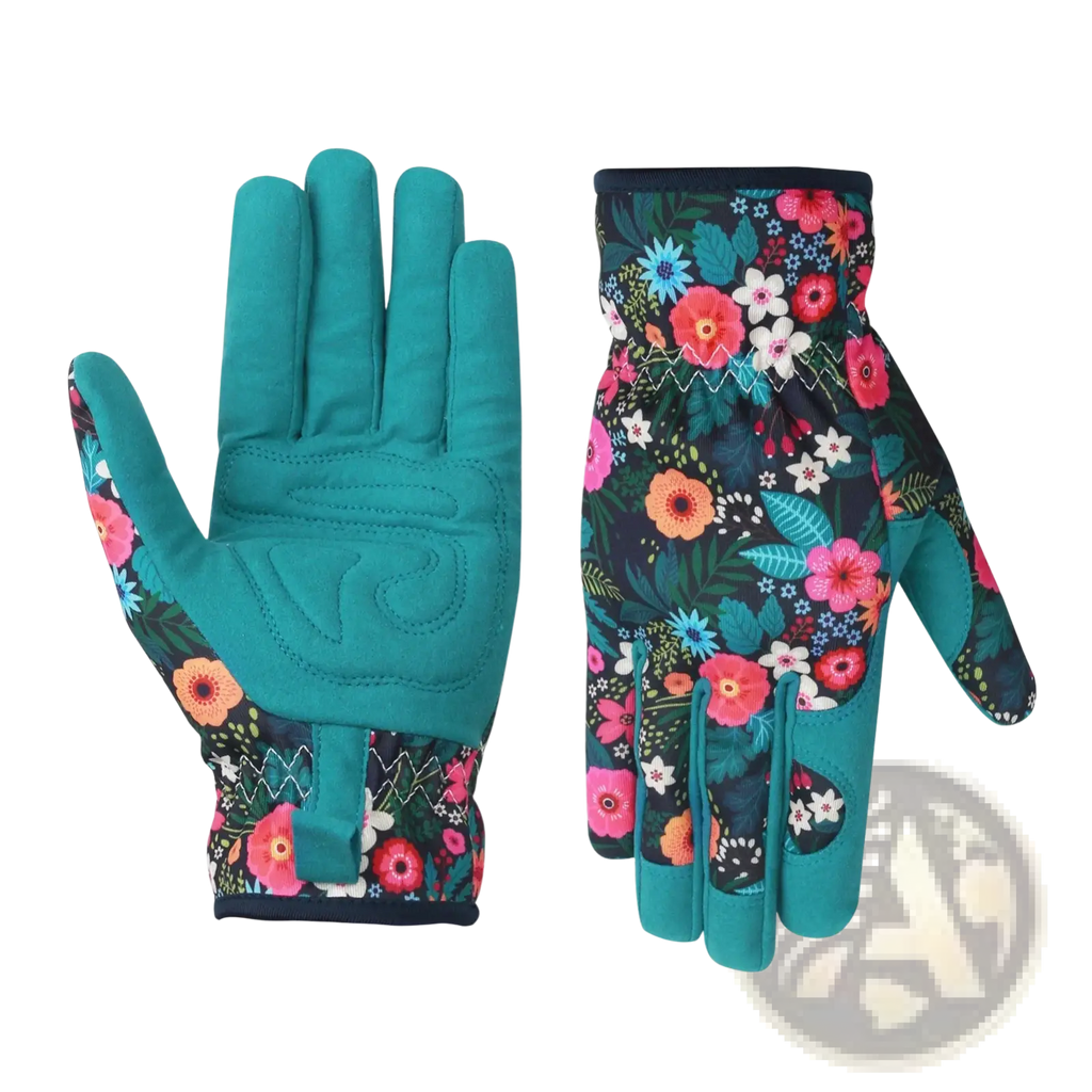 Floral gardening gloves for women showing back side with teal breathable fabric and reinforced durable palm material