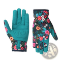 Floral gardening gloves for women showing back side with teal breathable fabric and reinforced durable palm material