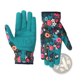 Floral gardening gloves for women showing back side with teal breathable fabric and reinforced durable palm material