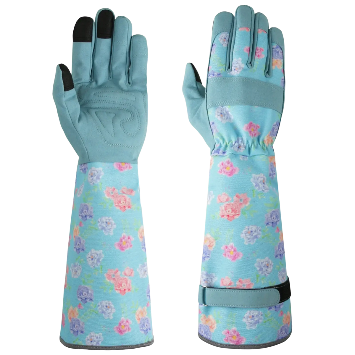 Light blue floral gardening gloves for women with breathable thorn proof fabric and black fingertips shown from the back side