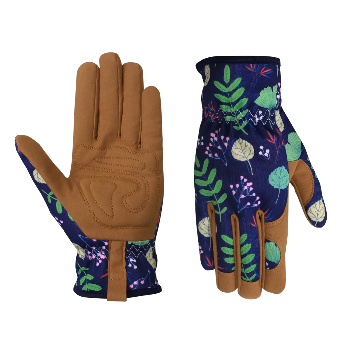 Floral gardening gloves for women with navy blue fabric green leaves pink flowers and tan leather thorn proof palms