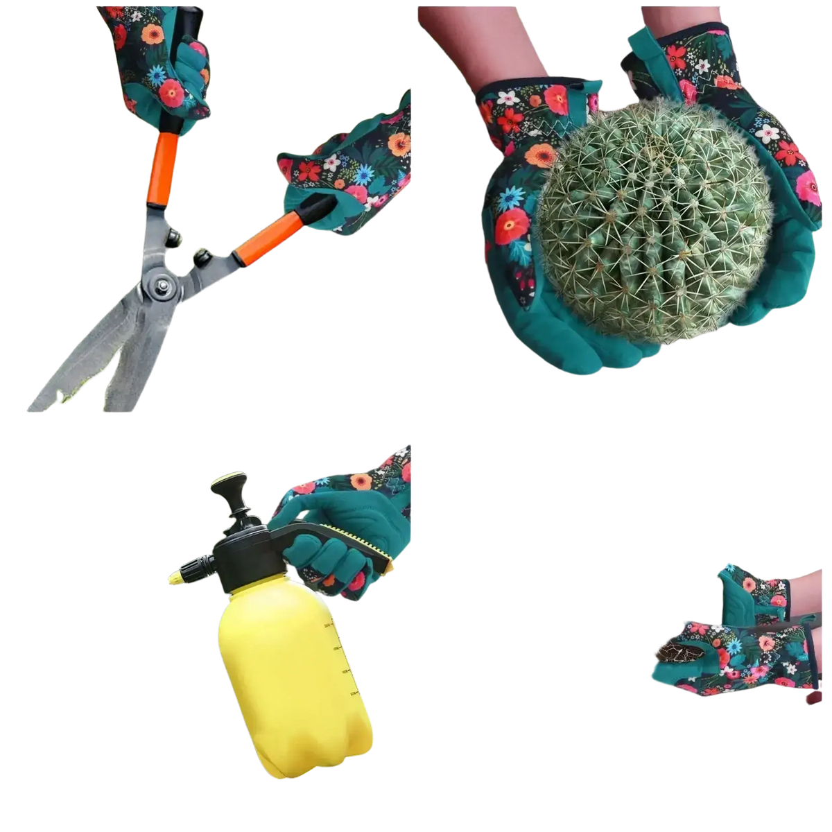 Floral gardening gloves for women in teal breathable fabric with thorn proof design used for cactus and pruning tasks