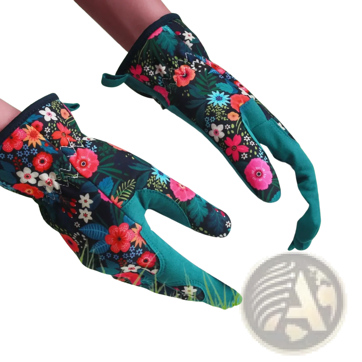 Floral gardening gloves for women breathable thorn proof with colorful flowers and teal reinforcements on a dark background
