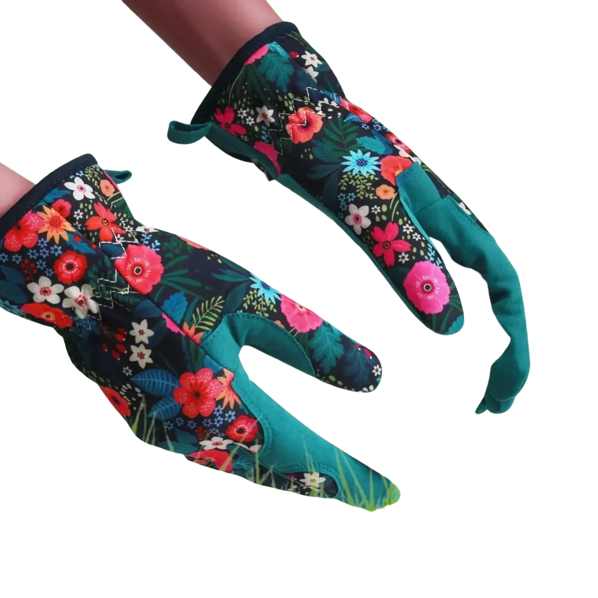 Teal floral gardening gloves for women with breathable thorn proof material and vibrant red pink white flowers design