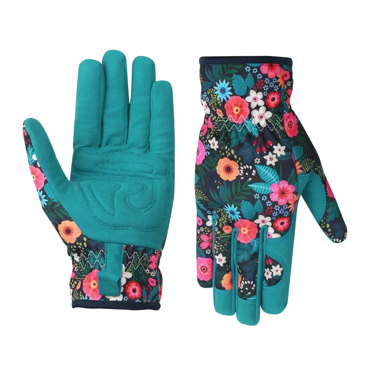 Floral gardening gloves for women showing back side with teal breathable fabric and reinforced durable palm material