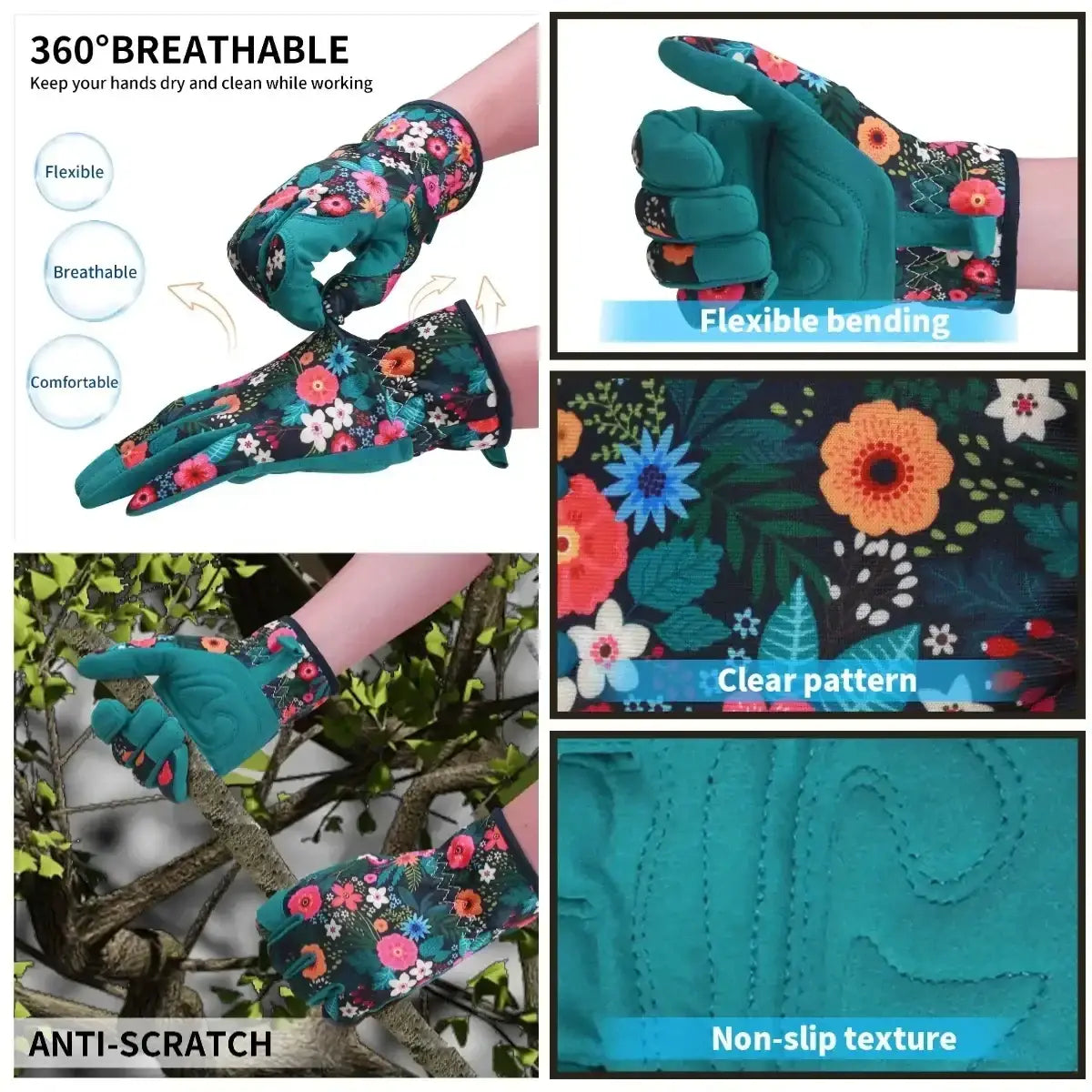 Teal floral gardening gloves for women featuring a vibrant pink orange and blue flower pattern and thorn proof protection