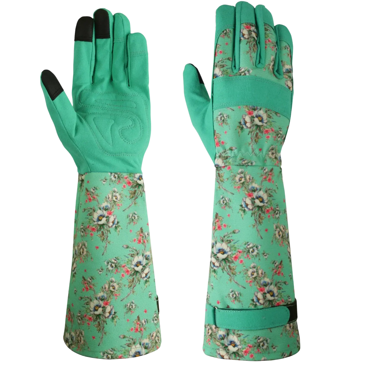 Teal floral gardening gloves for women with breathable thorn proof material black fingertips and adjustable wrist strap