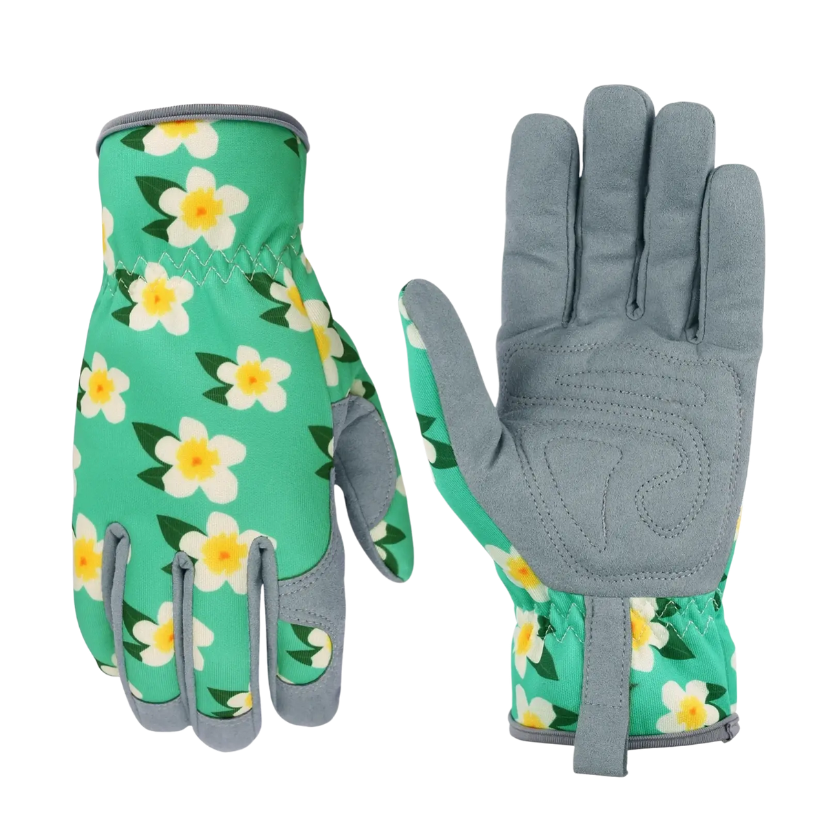 Floral gardening gloves for women in teal with white and yellow flowers breathable thorn proof with gray reinforced areas