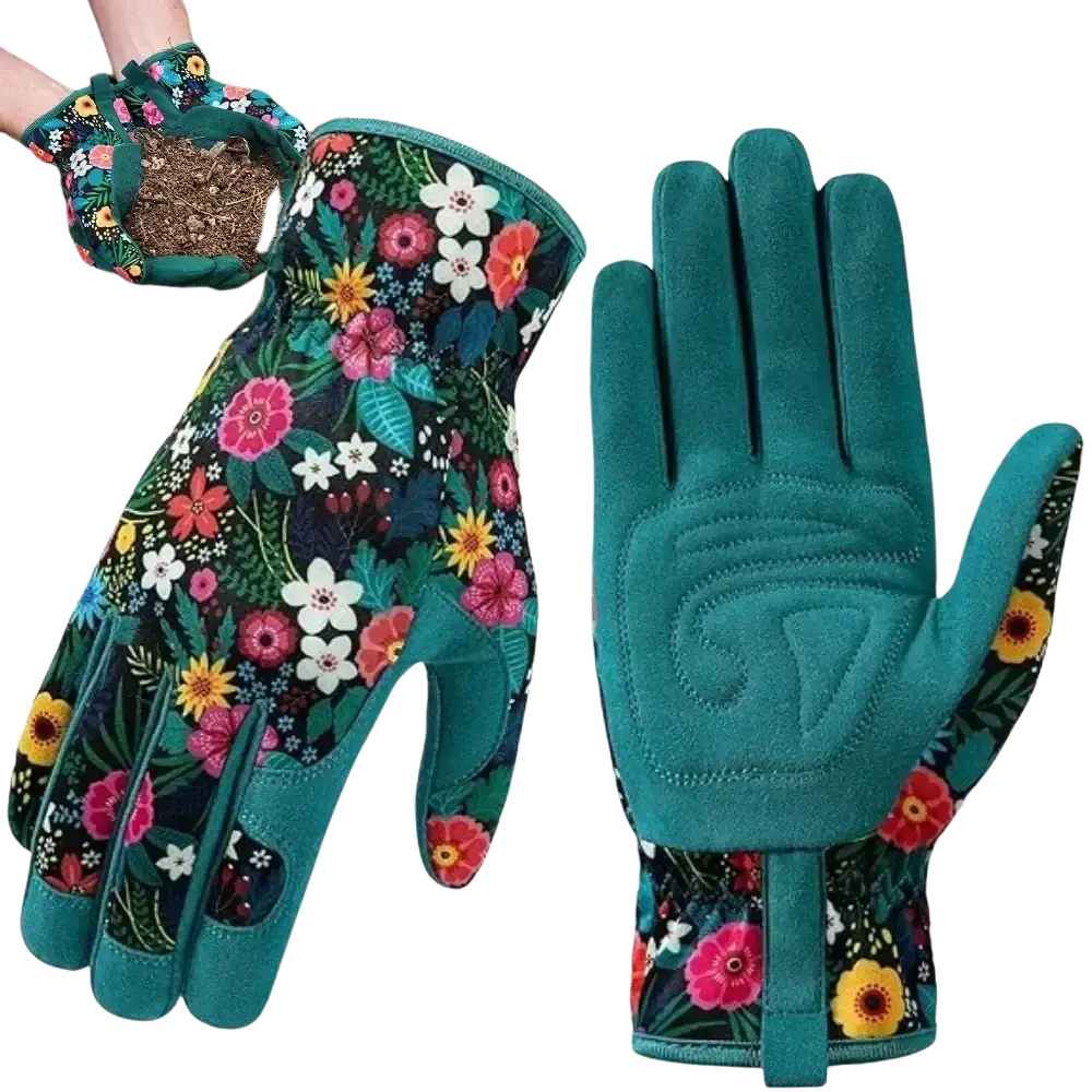 Teal floral gardening gloves for women with breathable thorn proof fabric featuring pink white and yellow flowers