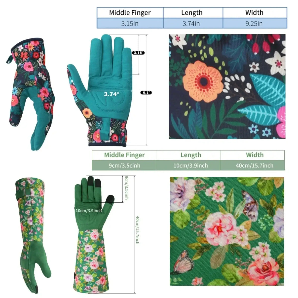 Teal floral gardening gloves for women with breathable fabric and reinforced fingertips for thorn proof protection