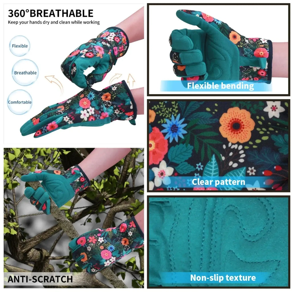 Teal floral gardening gloves for women with breathable fabric and reinforced fingertips for thorn proof protection
