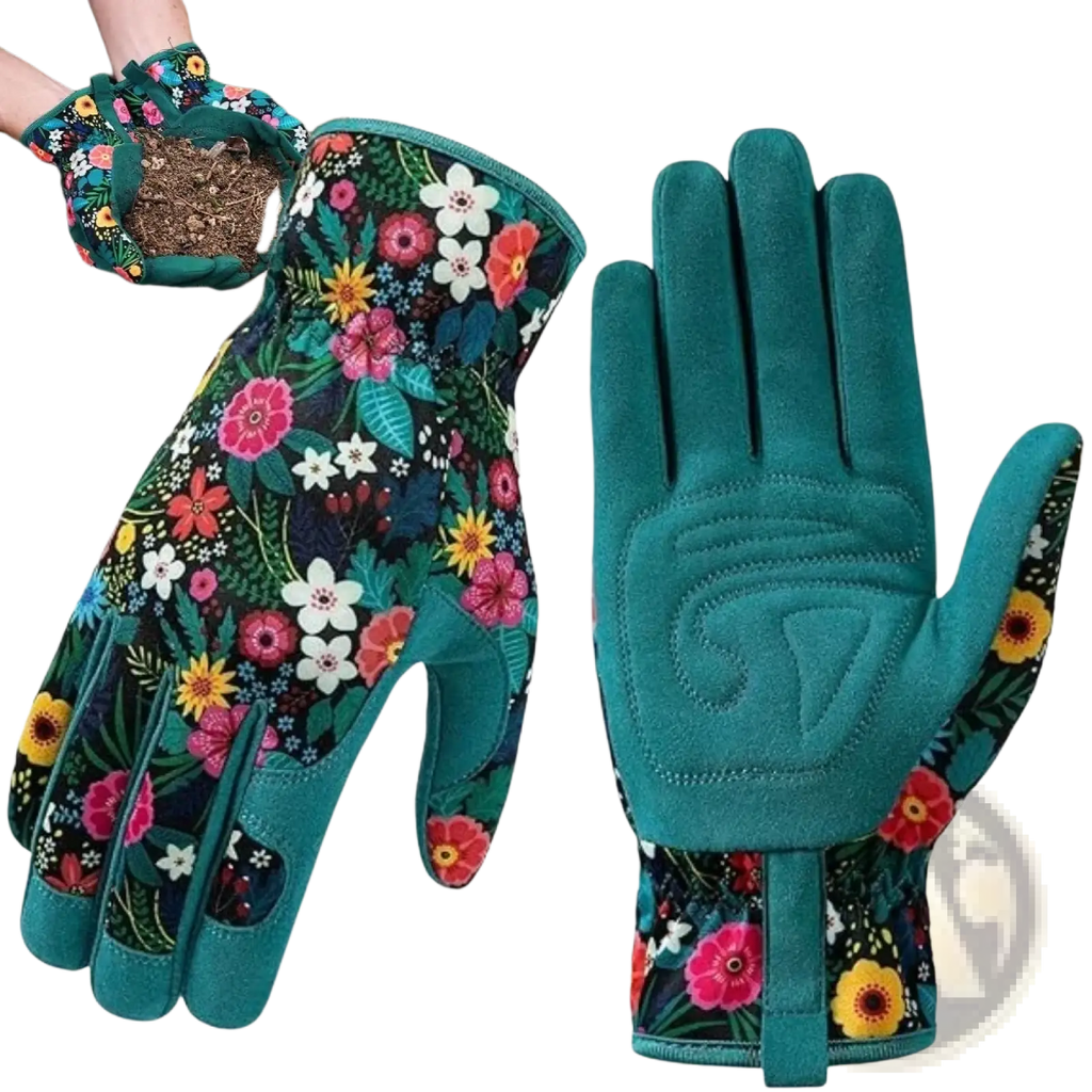 Floral gardening gloves for women breathable thorn proof teal with pink white and yellow flowers on dark green back side