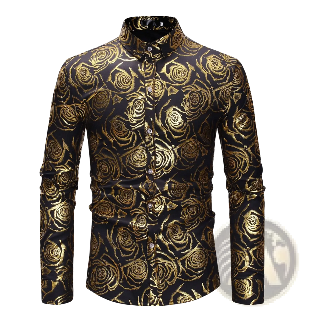 A sleek black long-sleeved button-up shirt with a shimmering gold rose pattern for mens casual wear