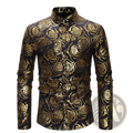 A sleek black long-sleeved button-up shirt with a shimmering gold rose pattern for mens casual wear
