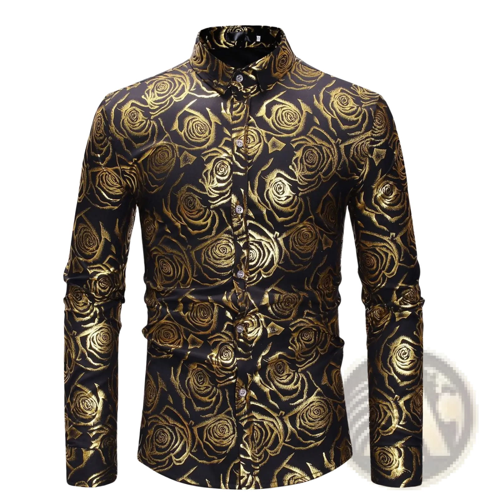A sleek black long-sleeved button-up shirt with a shimmering gold rose pattern for mens casual wear