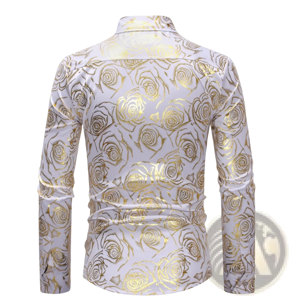 White long-sleeved men’s dress shirt with subtle sheen and raised gold rose pattern for casual wear