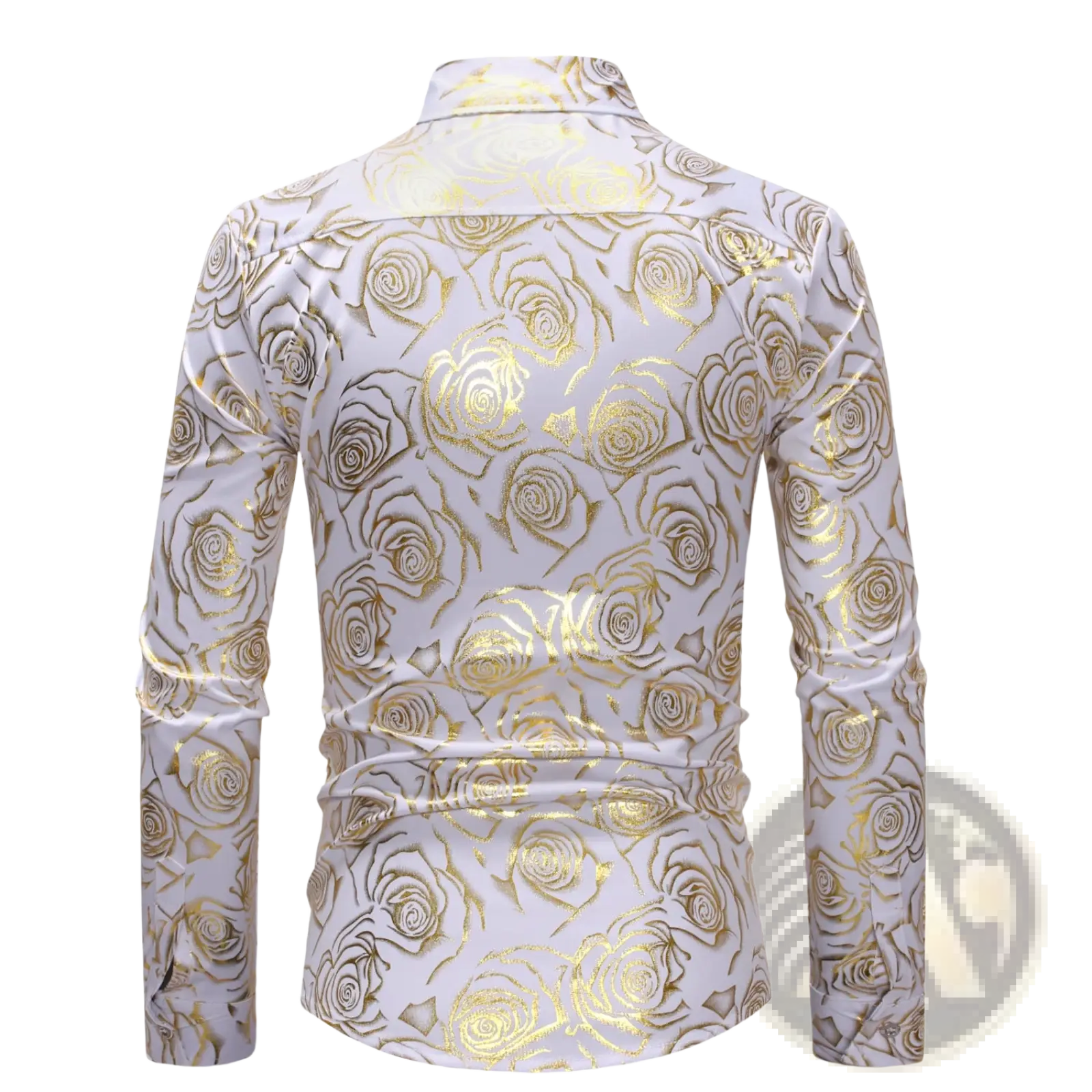 White long-sleeved men’s dress shirt with subtle sheen and raised gold rose pattern for casual wear