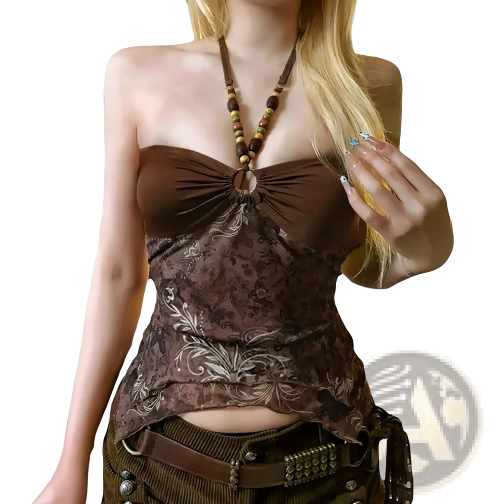 Brown floral print slim fit halter camisole crop top with gathered neckline and central circular detail for summer wear