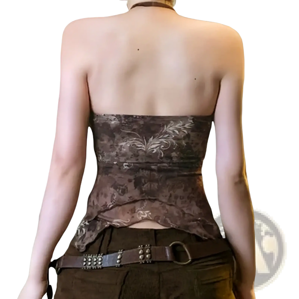 Brown floral-patterned strapless slim fit crop top with subtle silver embroidery for summer wear