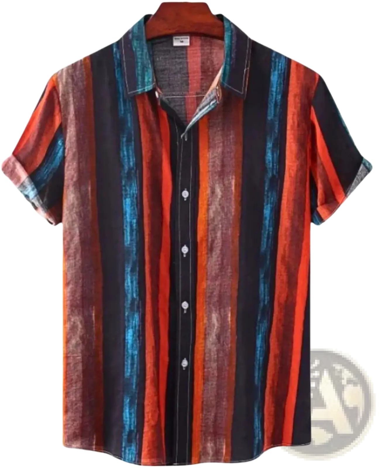 A vibrant floral Hawaiian short sleeve shirt for men with bold vertical stripes in orange teal and black colors