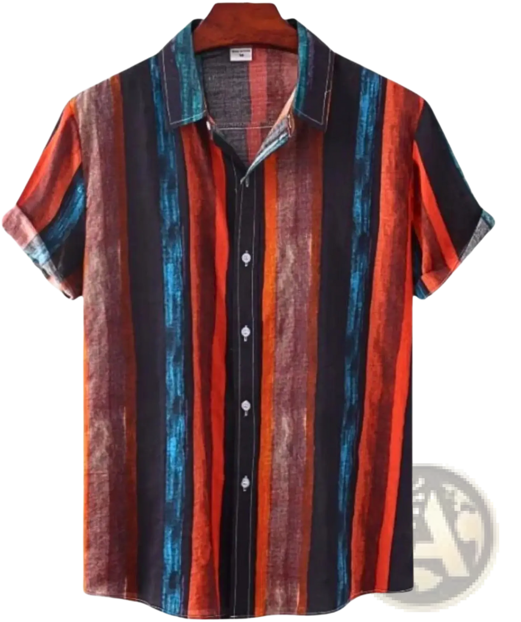 A vibrant floral Hawaiian short sleeve shirt for men with bold vertical stripes in orange teal and black colors