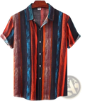 A vibrant floral Hawaiian short sleeve shirt for men with bold vertical stripes in orange teal and black colors