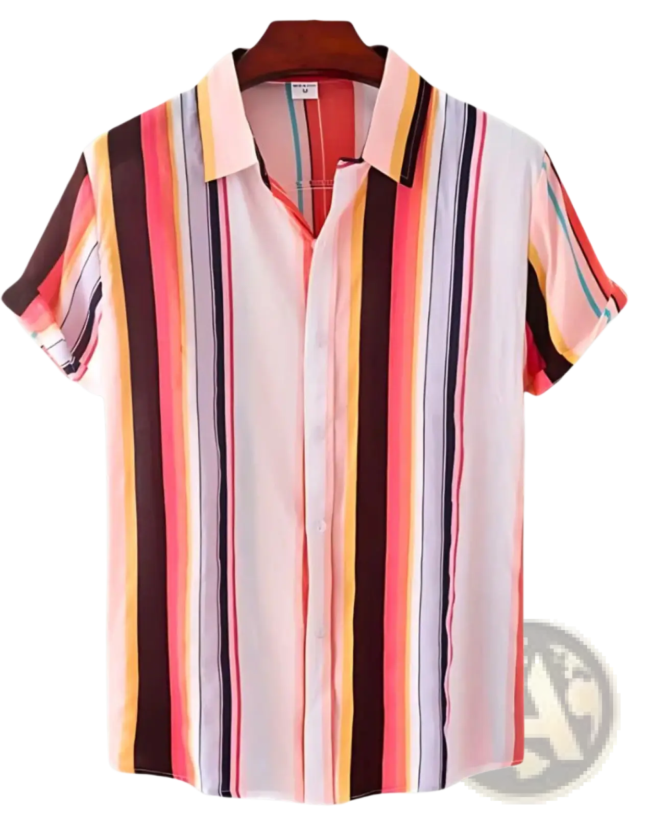 Floral hawaiian short sleeve shirt men with vibrant vertical stripes in pink orange white and black for casual wear