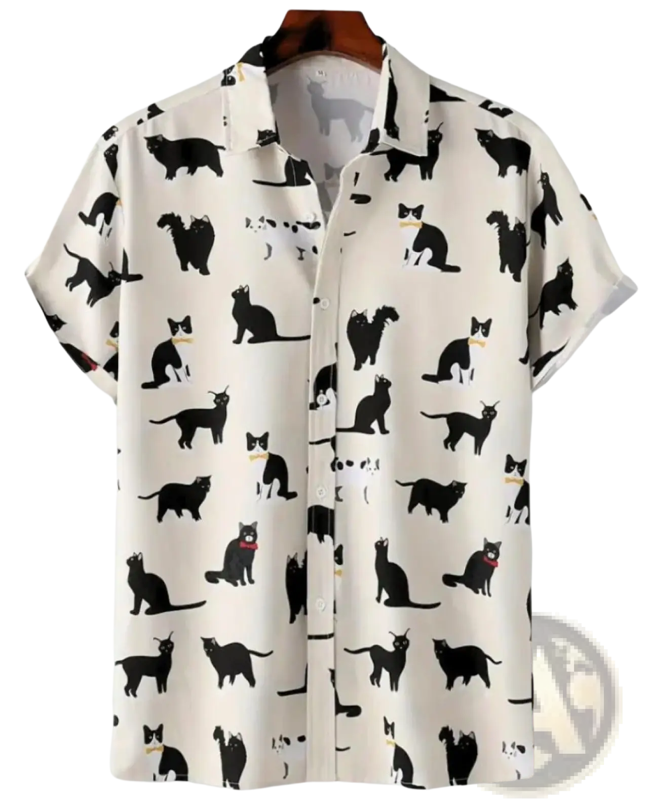 Floral hawaiian short sleeve shirt for men with white cotton fabric and playful black cat print all over