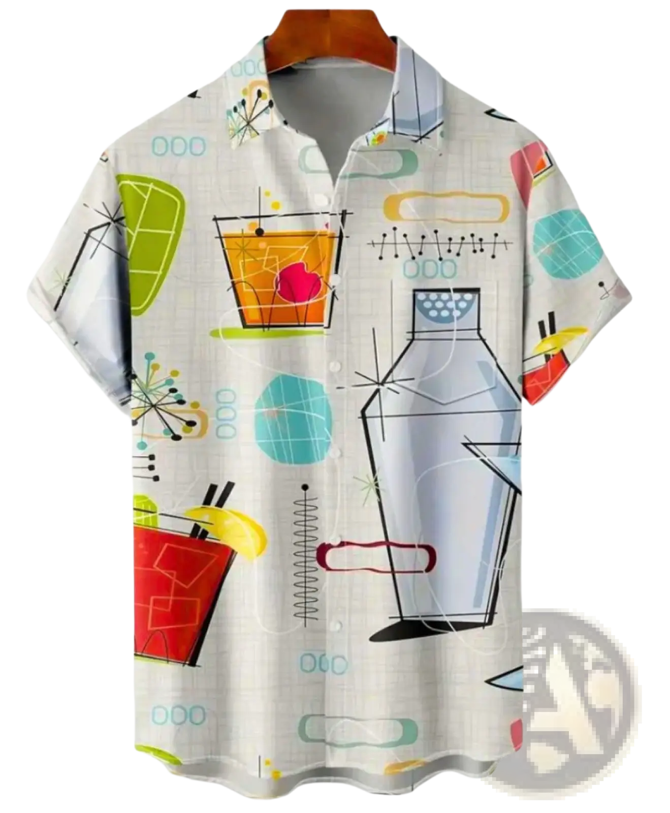 A light-colored floral Hawaiian short sleeve shirt for men with a playful retro cocktail-themed pattern