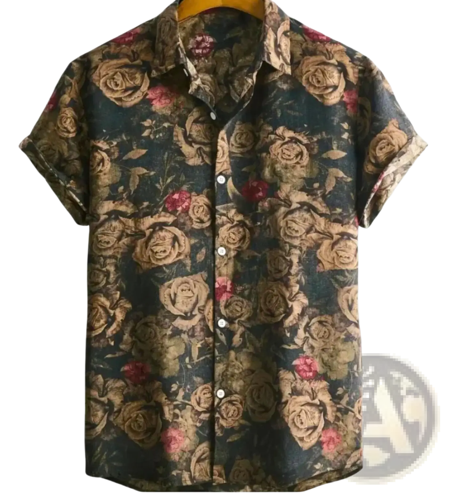 Dark green floral Hawaiian short sleeve shirt for men featuring vintage tan roses and pink accents