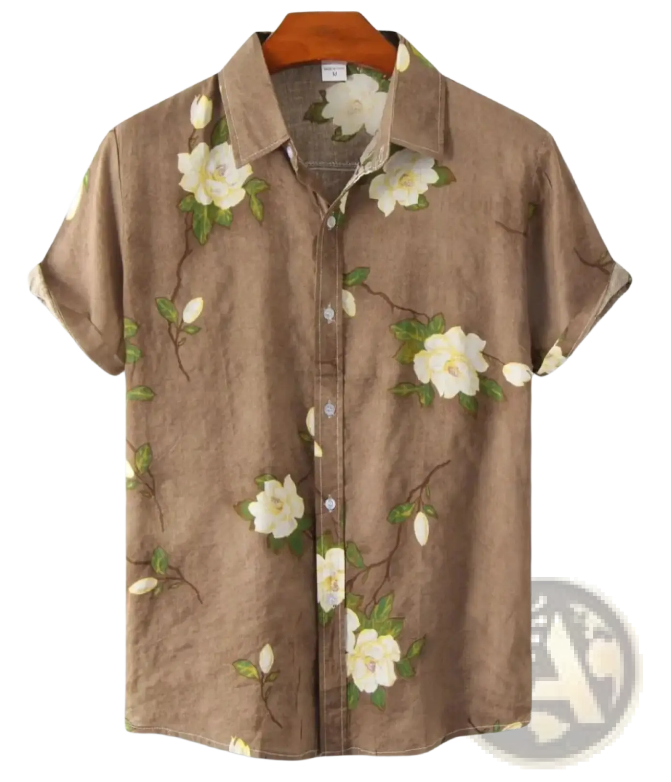 Brown floral Hawaiian short sleeve shirt for men with white blossoms and green leaves on lightweight fabric