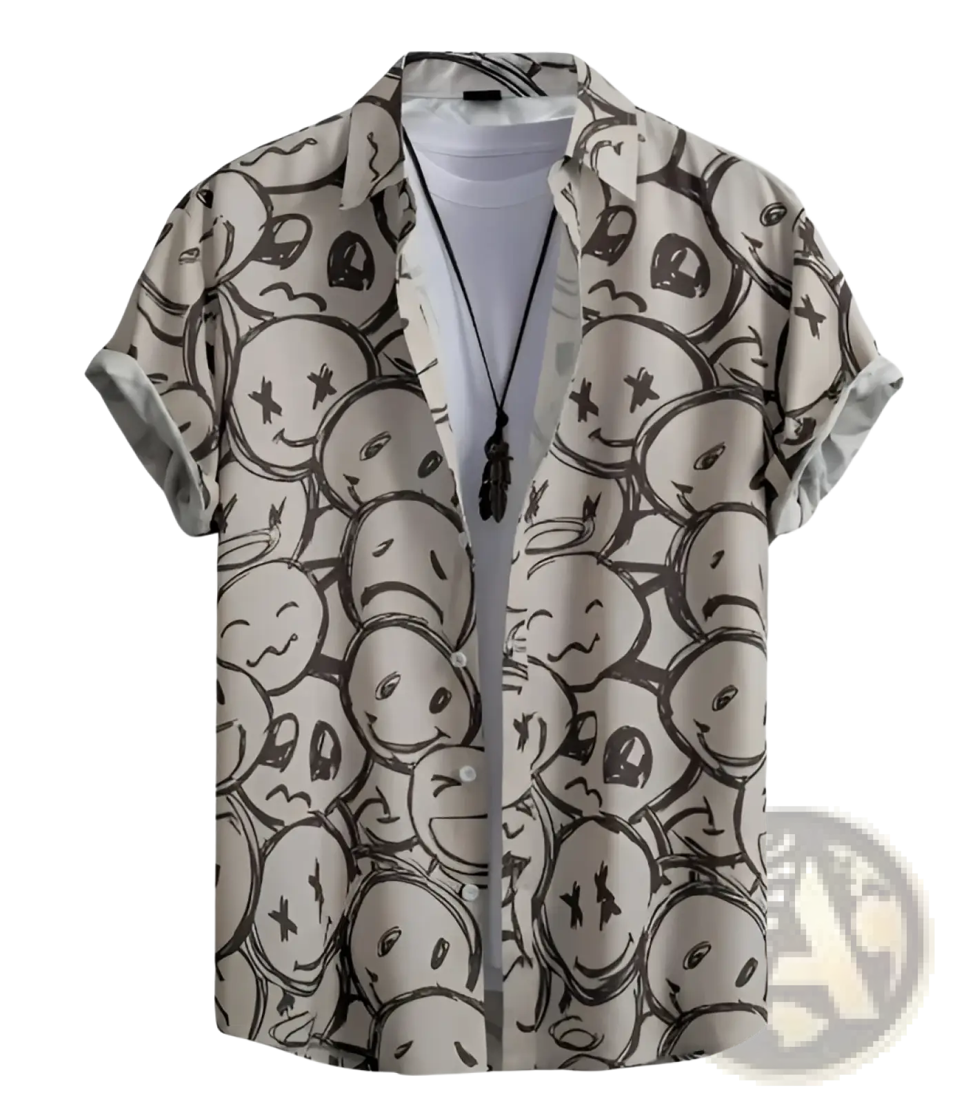 Beige floral hawaiian short sleeve shirt for men with black and white doodle pattern of smiling winking and sad faces