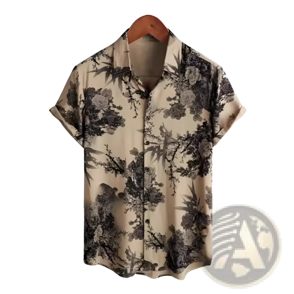 Beige floral hawaiian short sleeve shirt for men with black and gray blossoms and bamboo button-up design