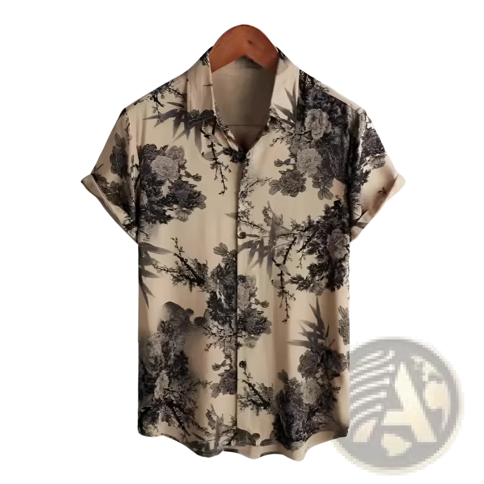 Beige floral hawaiian short sleeve shirt for men with black and gray blossoms and bamboo button-up design