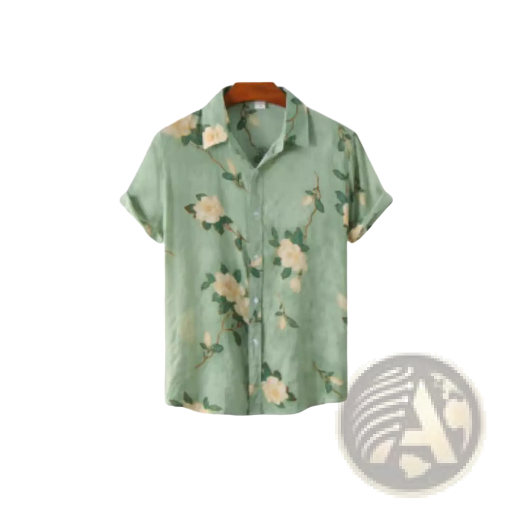 A light green floral Hawaiian short sleeve shirt for men with cream flowers and dark green leaves pattern
