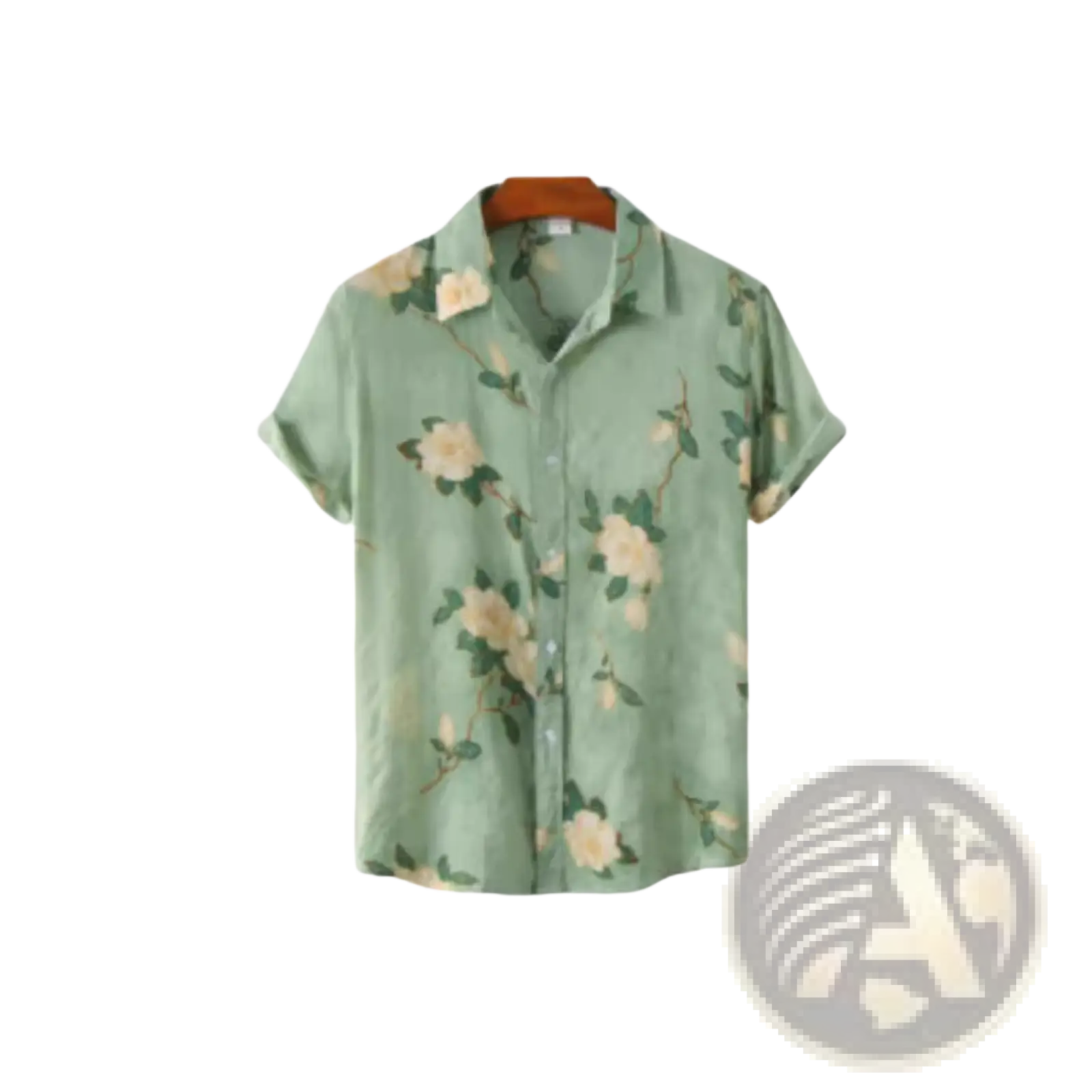 A light green floral Hawaiian short sleeve shirt for men with cream flowers and dark green leaves pattern