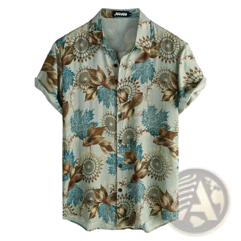 A light green floral Hawaiian short sleeve shirt for men with blue and brown floral motifs and button-up front