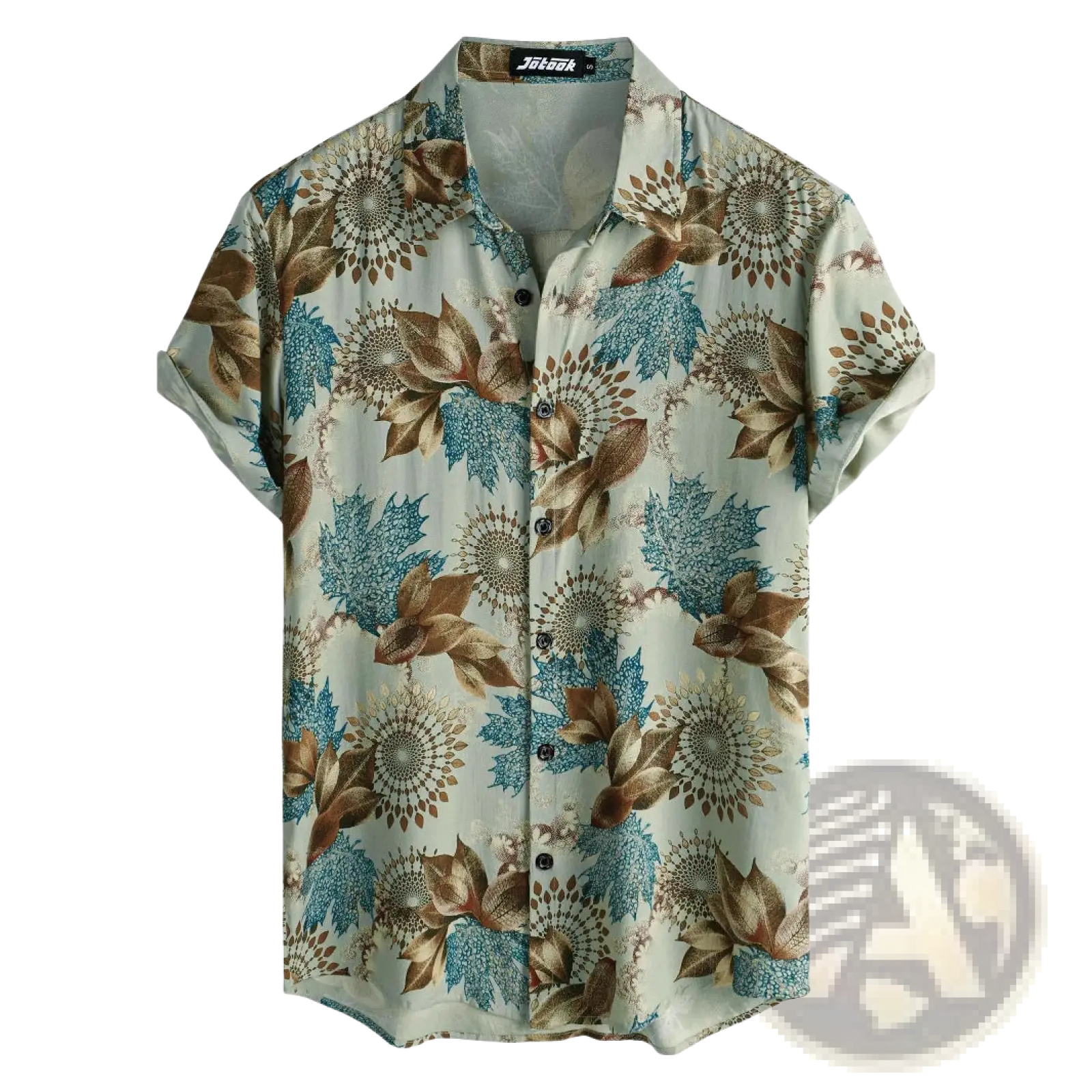 A light green floral Hawaiian short sleeve shirt for men with blue and brown floral motifs and button-up front