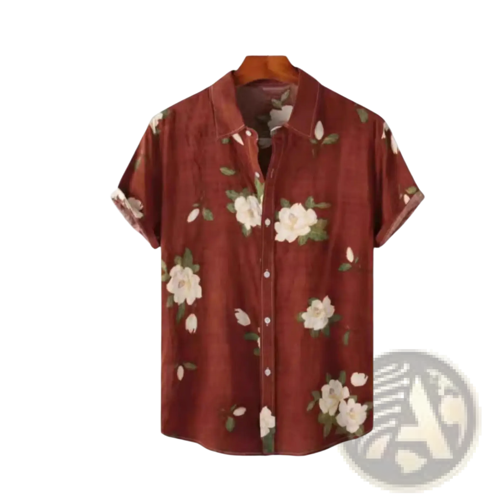 A maroon floral Hawaiian short sleeve shirt for men with white flowers and green leaves hanging on a wooden hanger