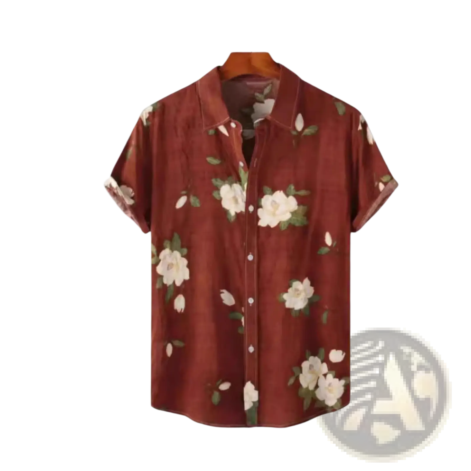 A maroon floral Hawaiian short sleeve shirt for men with white flowers and green leaves hanging on a wooden hanger