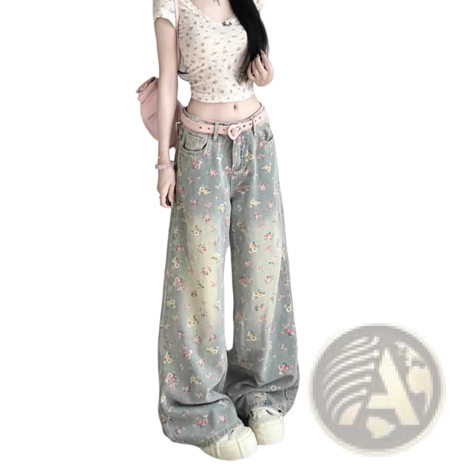 Floral high waist wide leg denim jeans in faded light blue with pink and yellow blossoms and a pink heart belt