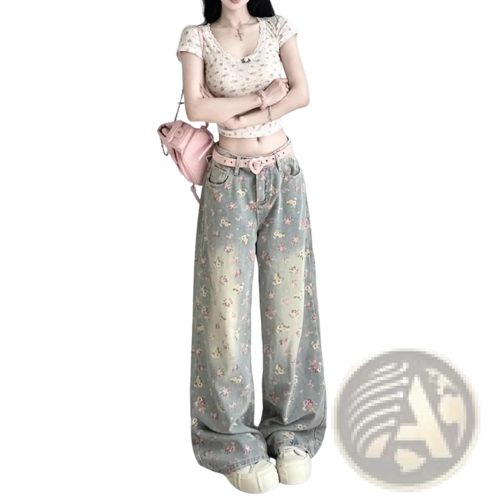 Floral high waist wide leg denim jeans in faded gray wash with delicate pink and white blossom patterns