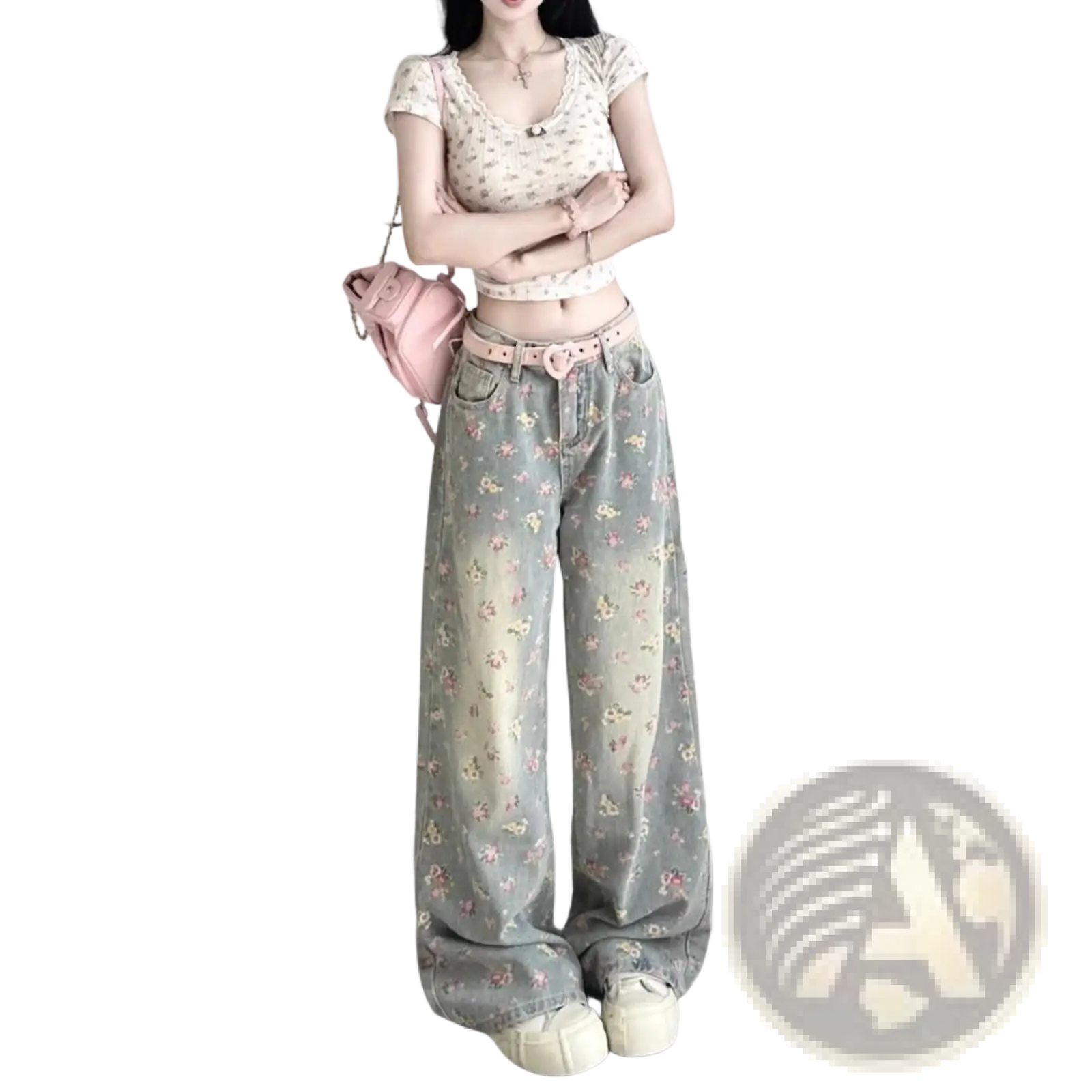 Floral high waist wide leg denim jeans in faded gray wash with delicate pink and white blossom patterns