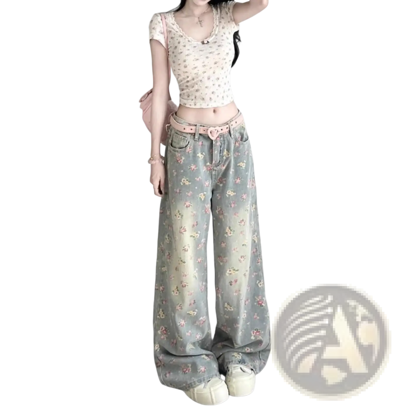 Floral high waist wide leg denim jeans in faded gray with pink green blossoms paired with pink heart buckle belt