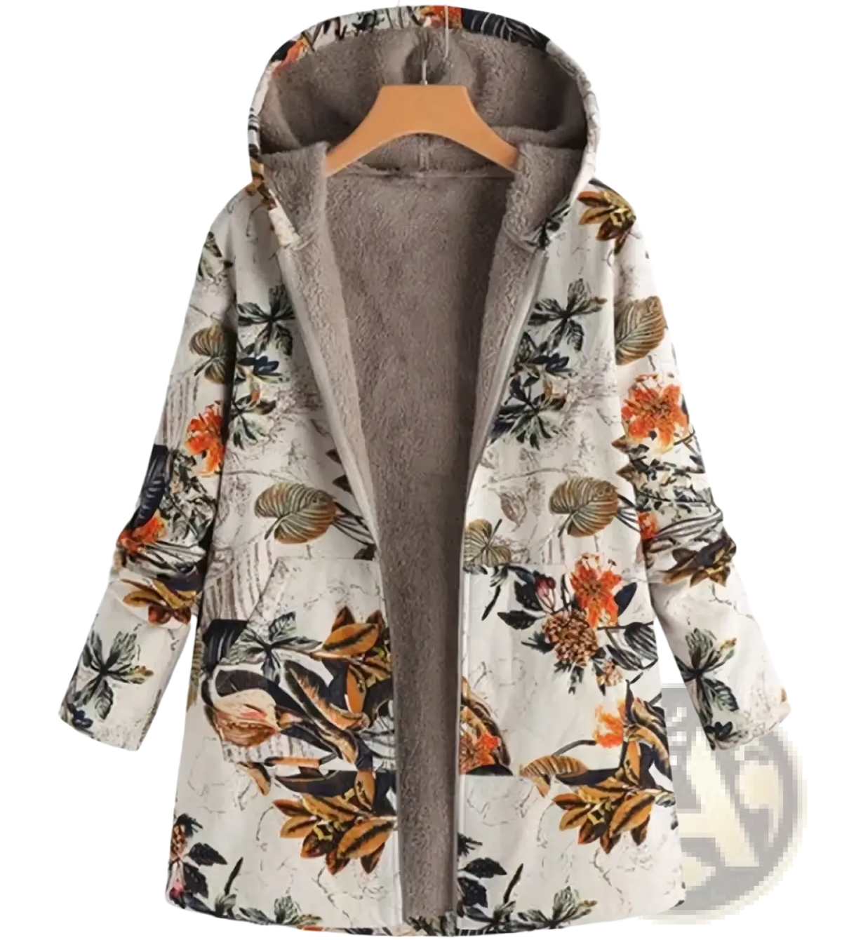 A cozy off-white floral hooded winter parka with orange and brown blossoms on textured fabric lined with gray fleece