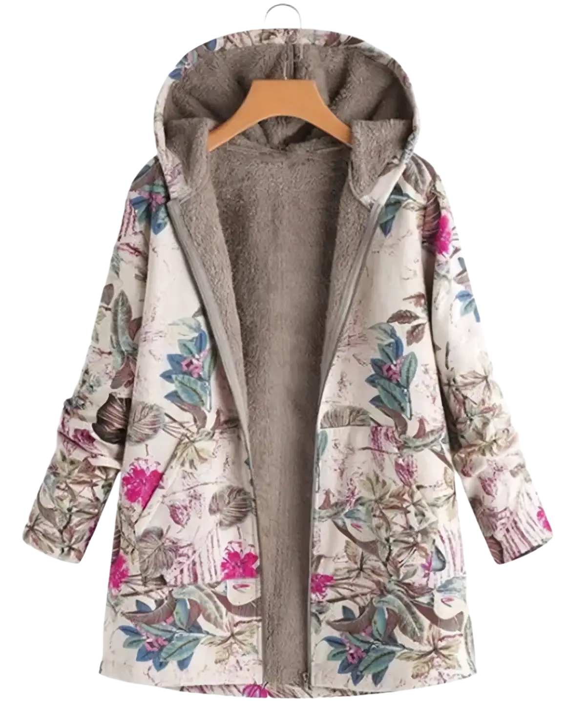 A cozy beige floral hooded winter parka with plush gray fleece lining and ribbed cuffs for cold weather use