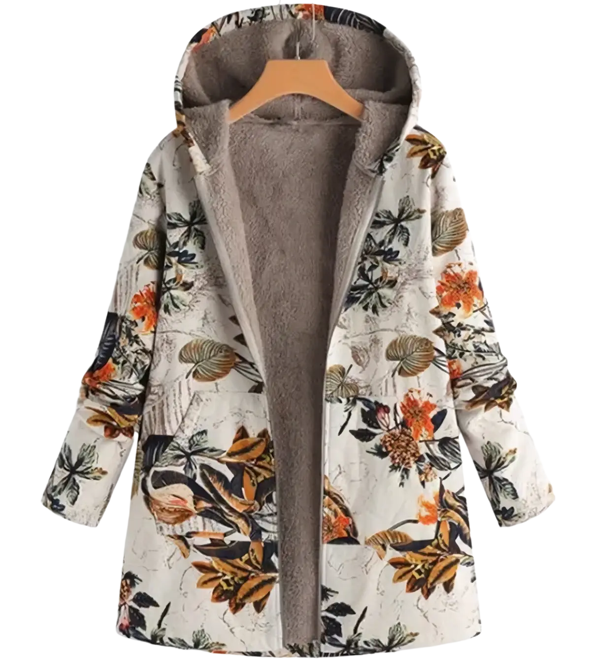 A cozy off-white floral hooded winter parka with orange and brown blossoms on textured fabric lined with gray fleece